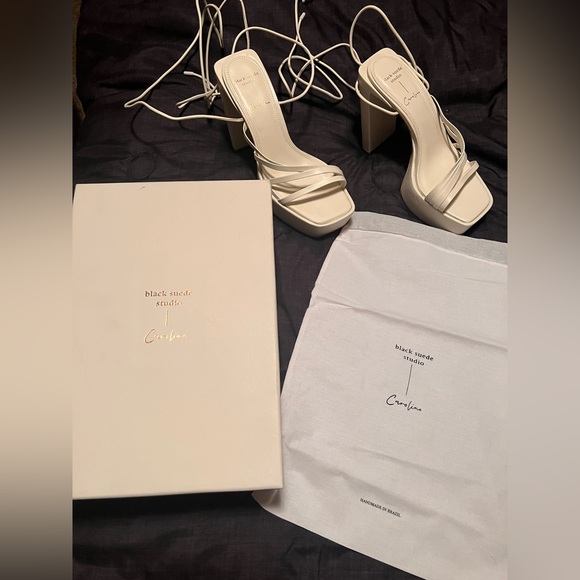 Black Suede Studio White Wrap Around Tie Up Platform Disco Sasha REVOLVE Heels - Picture 12 of 14